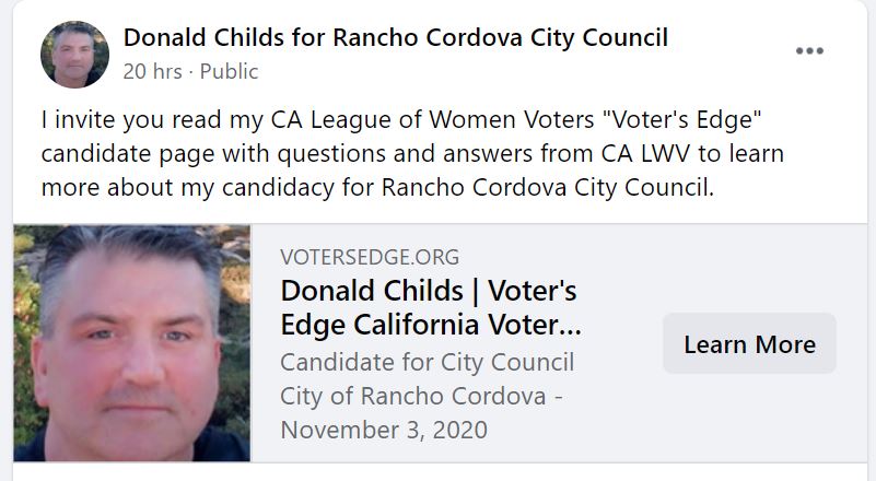 Click image to learn about  my CA League of Women Voters "Voter's Edge" candidate page with question and answers from CA LWV to learn more about my candidacy for Rancho Cordova City Council